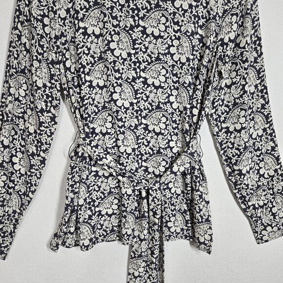 Loft Belted Top Sz S Blue White Floral Print Back Keyhole Long Sleeve Button - Picture 3 of 13